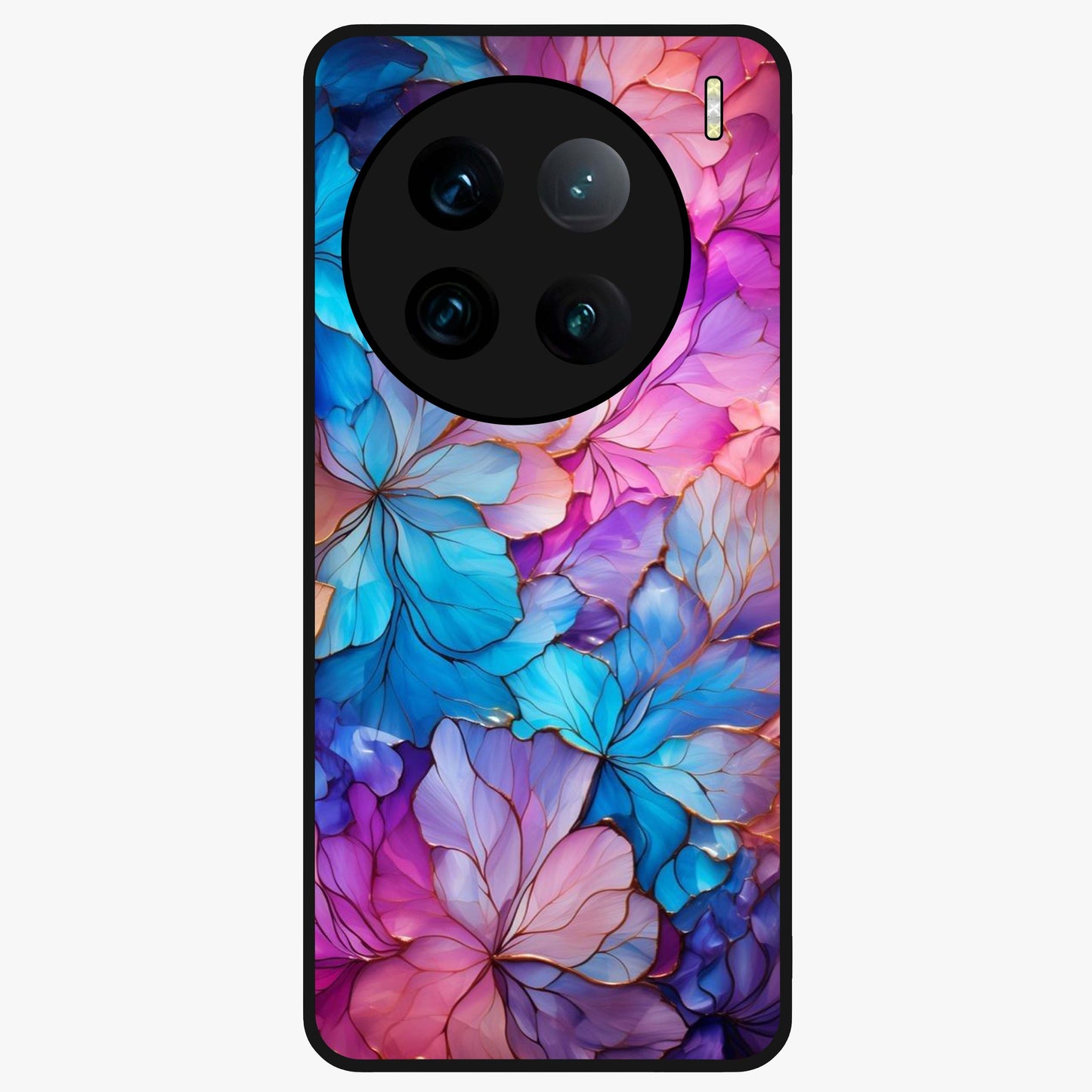 Radiant Floral Whirl Glass Case showing flat back view with swirling floral artwork and glossy glass finish.