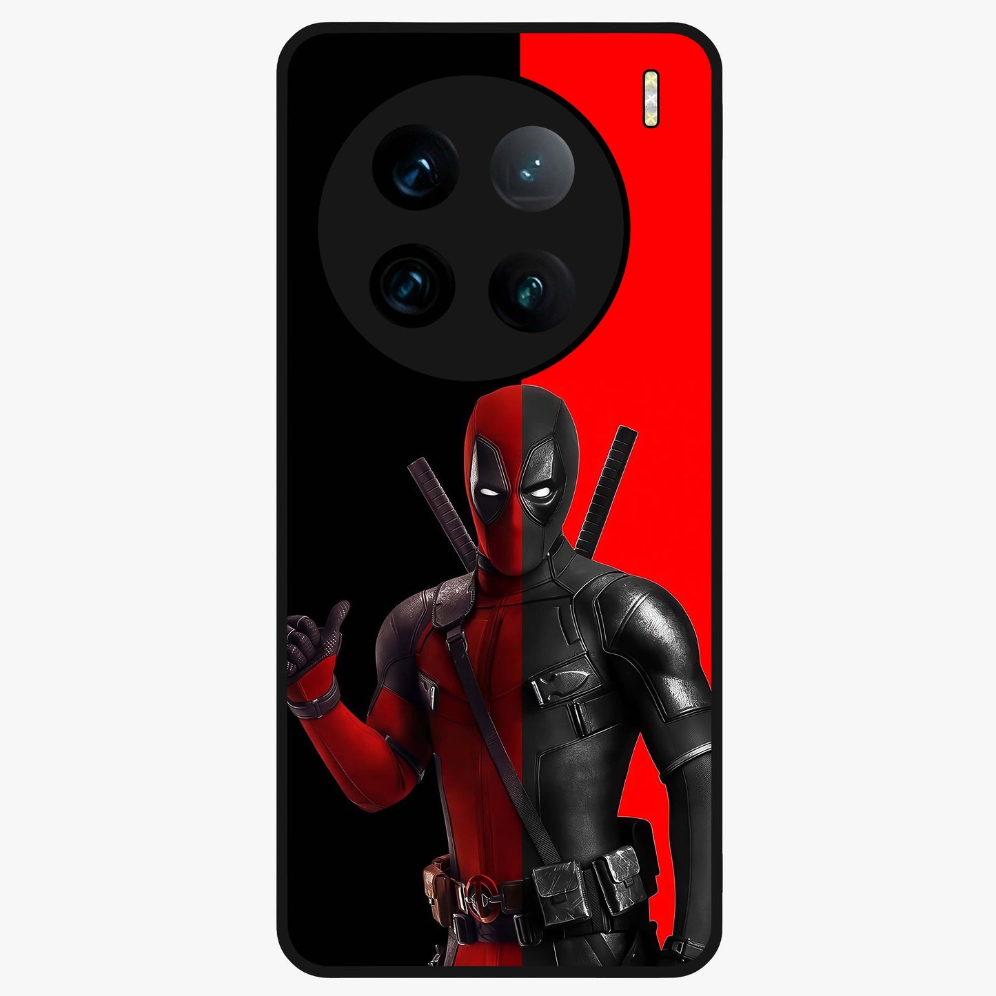 Red & Black Deadpool Theme Glass Case showing flat back view with bold comic inspired artwork and glossy glass finish.