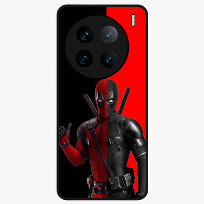 Red & Black Deadpool Theme Glass Case showing flat back view with bold comic inspired artwork and glossy glass finish.