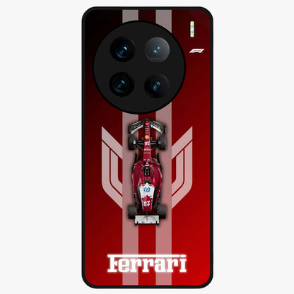 Red Ferrari F1 Vertical Glass Case showing flat back view with sleek Formula racing car artwork and glossy glass finish.