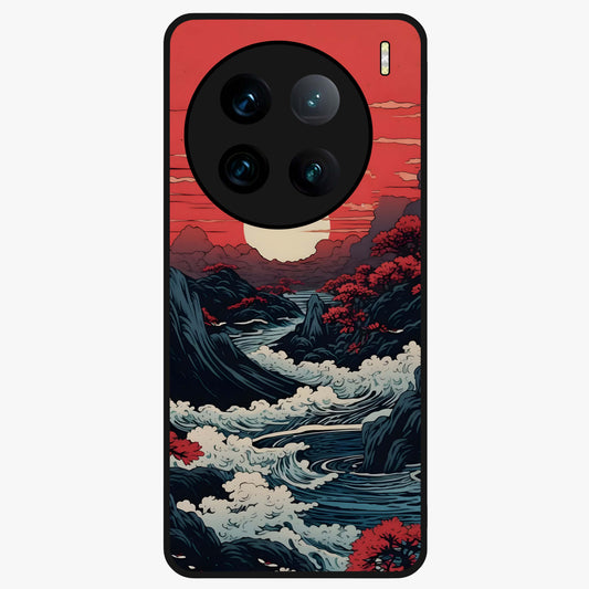 Red Sunset Scenery Glass Case showing flat back view with vibrant sunset landscape artwork and glossy glass finish.