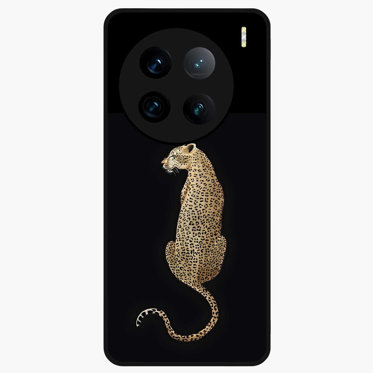 Regal Leopard Glass Case showing flat back view with bold leopard artwork and glossy glass finish.
