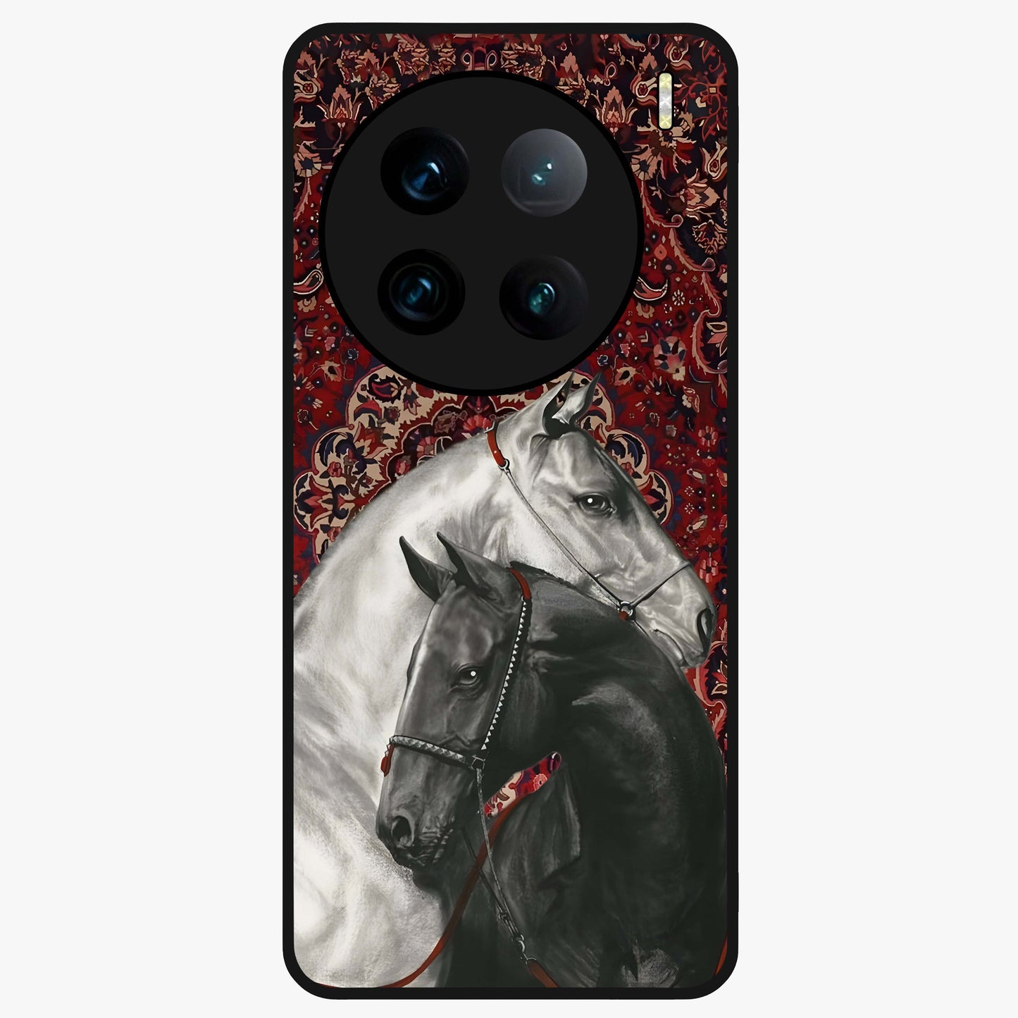 Regal Stallion Tapestry Glass Case showing flat back view with majestic horse tapestry artwork and glossy glass finish.
