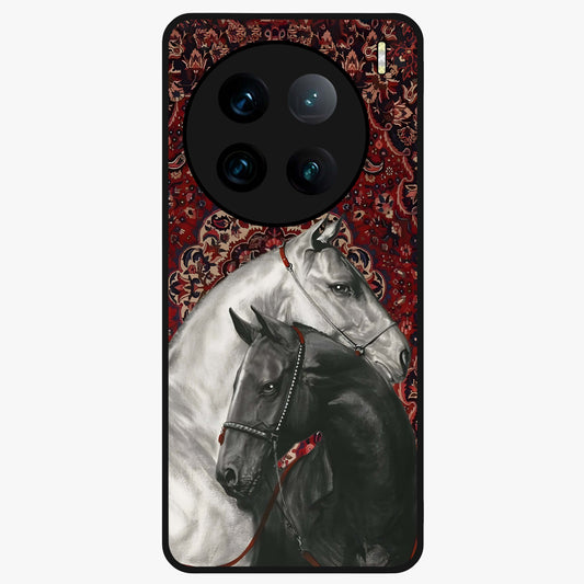 Regal Stallion Tapestry Glass Case showing flat back view with majestic horse tapestry artwork and glossy glass finish.