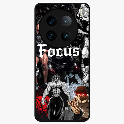 Relentless Power Focus Glass Case showing flat back view with motivational typography artwork and glossy glass finish.