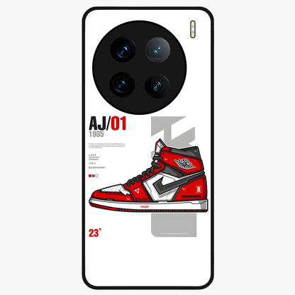 Retro Sneaker Blueprint Glass Case showing flat back view with sneaker blueprint style artwork and glossy glass finish.