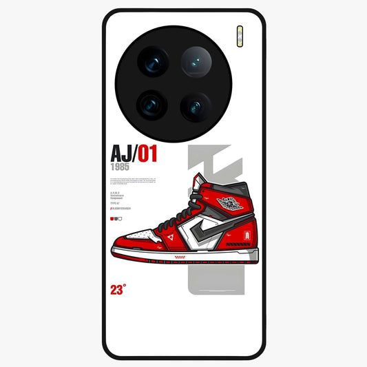 Retro Sneaker Blueprint Glass Case showing flat back view with sneaker blueprint style artwork and glossy glass finish.