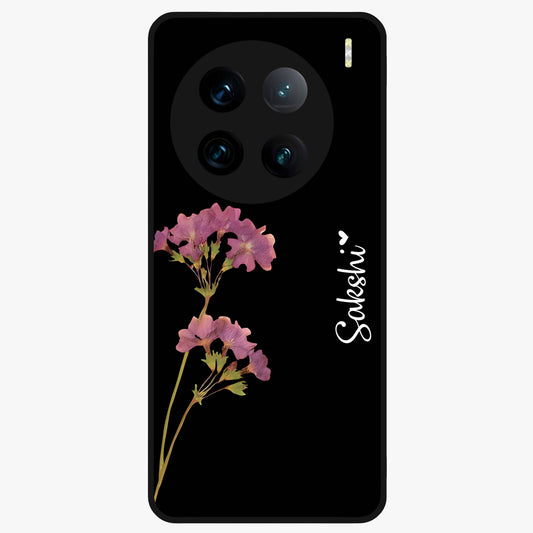 Riching Lavender Flower Custom Name Glass Case showing flat back view with lavender floral artwork and personalized name design.