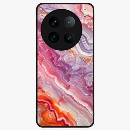 Rose Quartz Marble Glass Case showing flat back view with pink marble quartz texture artwork and glossy glass finish.