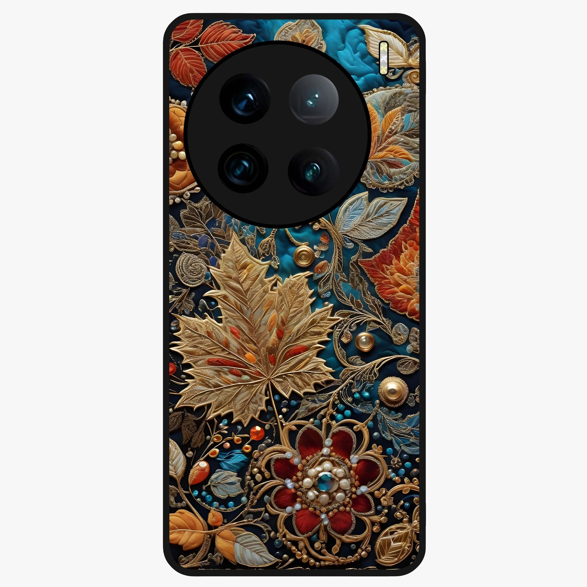 Royal Jewel Garden Glass Case showing flat back view with decorative floral garden artwork and glossy glass finish.