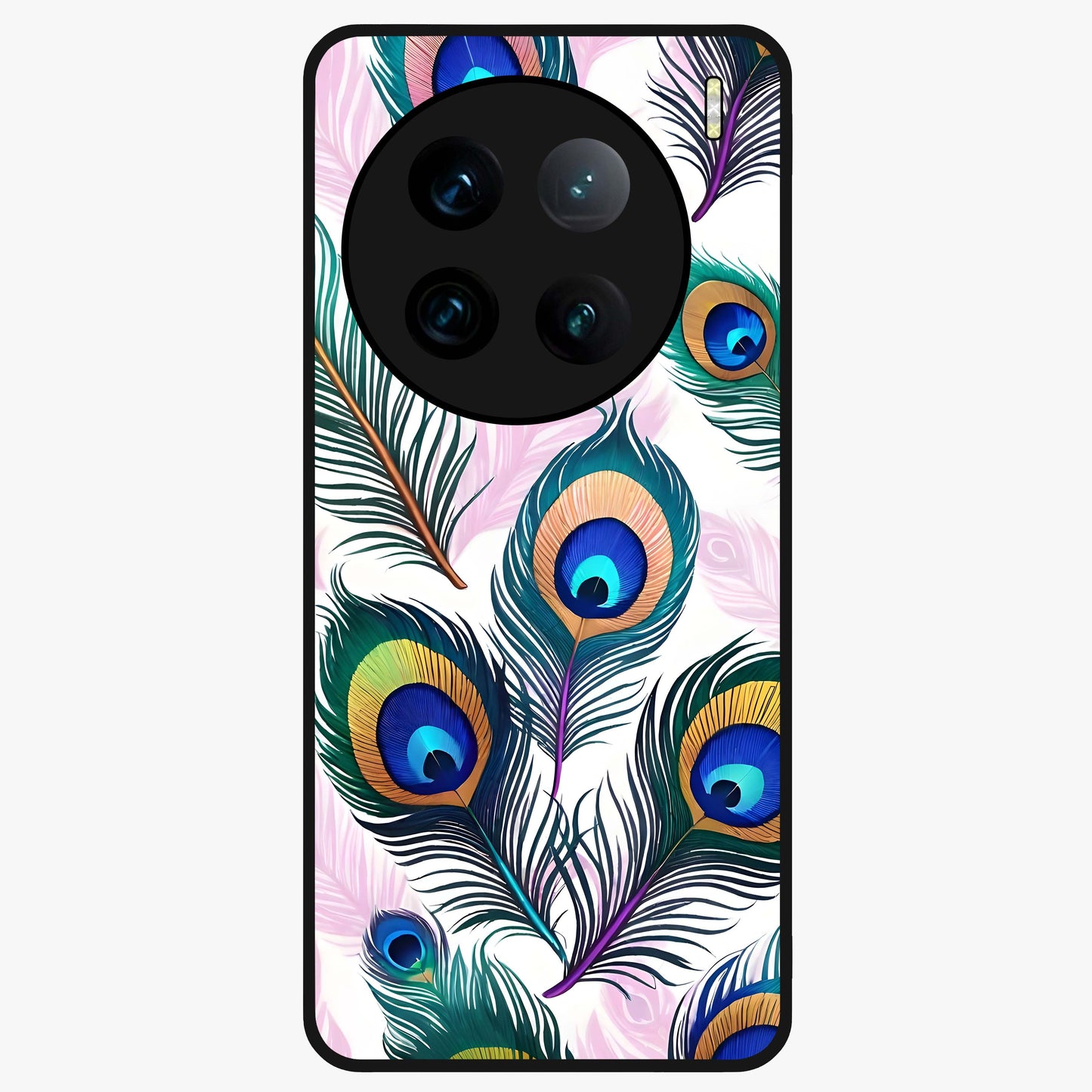 Royal Peacock Feathers Glass Case showing flat back view with colorful peacock feather artwork and glossy glass finish.