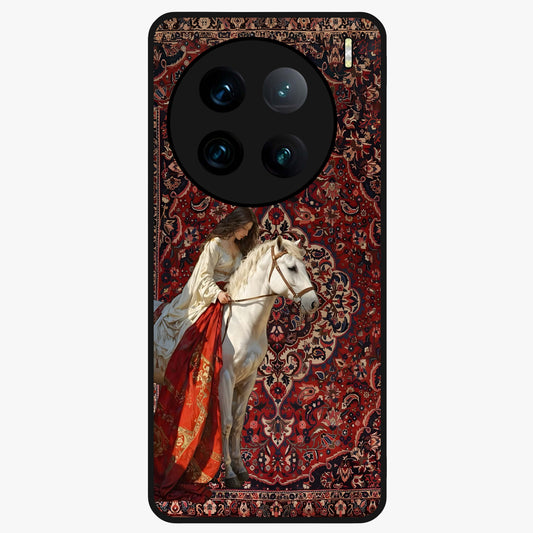 Royal Rider Tapestry Glass Case showing flat back view with majestic horse rider tapestry artwork and glossy glass finish.