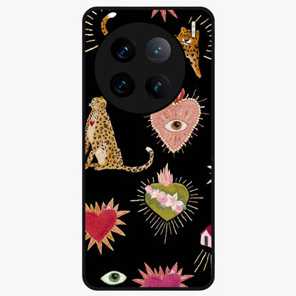 Sacred Jungle Heart Glass Case showing flat back view with jungle inspired heart artwork and glossy glass finish.