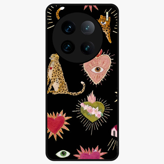 Sacred Jungle Heart Glass Case showing flat back view with jungle inspired heart artwork and glossy glass finish.