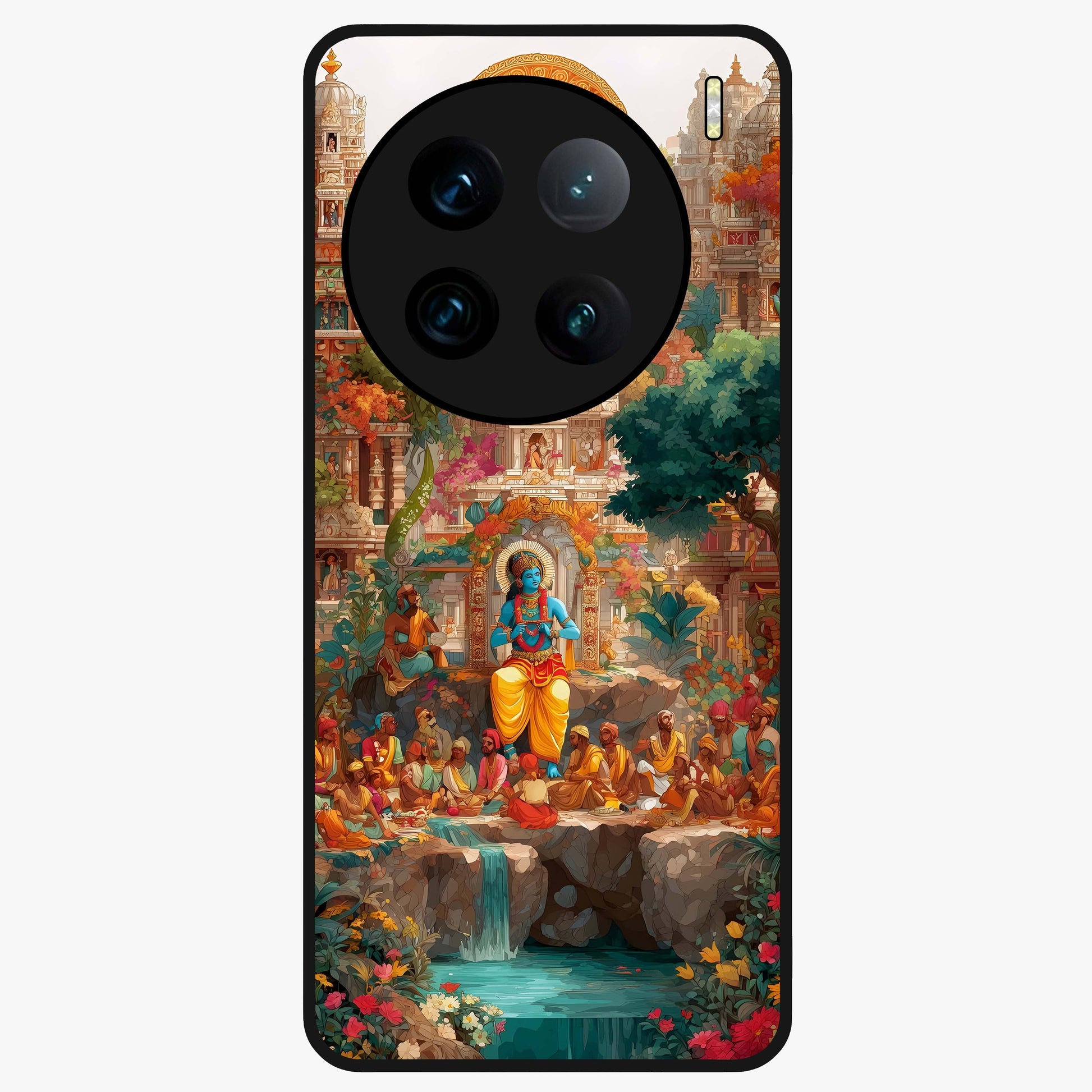 Sacred Sunlight Gods Glass Case showing flat back view with divine sunlight themed artwork and glossy glass finish.