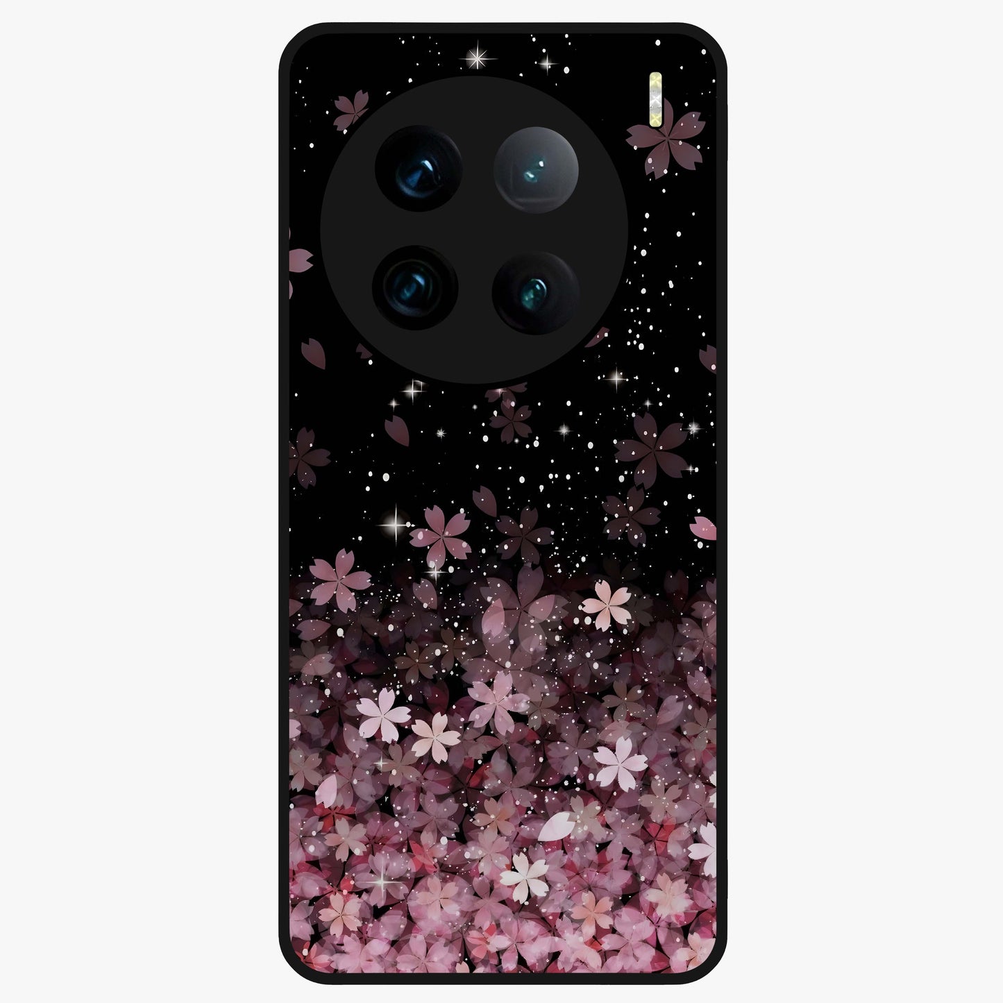 Small Starry Flowers Glass Case showing flat back view with delicate starry floral artwork and glossy glass finish.