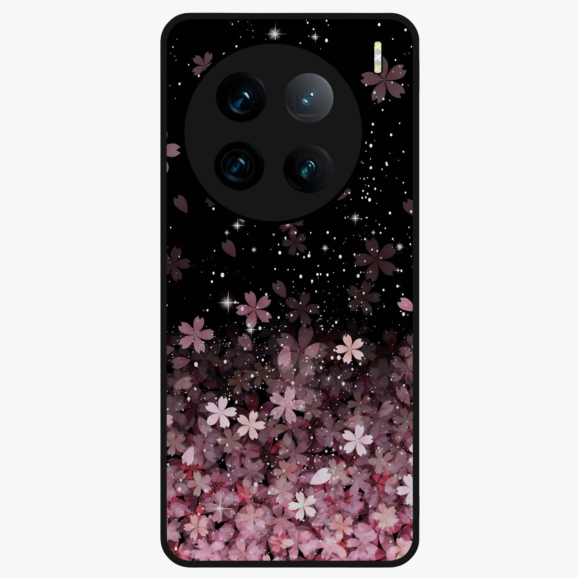 Small Starry Flowers Glass Case showing flat back view with delicate starry floral artwork and glossy glass finish.