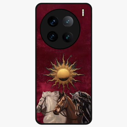 Solar Riders Glass Case showing flat back view with dynamic rider themed artwork and glossy glass finish.