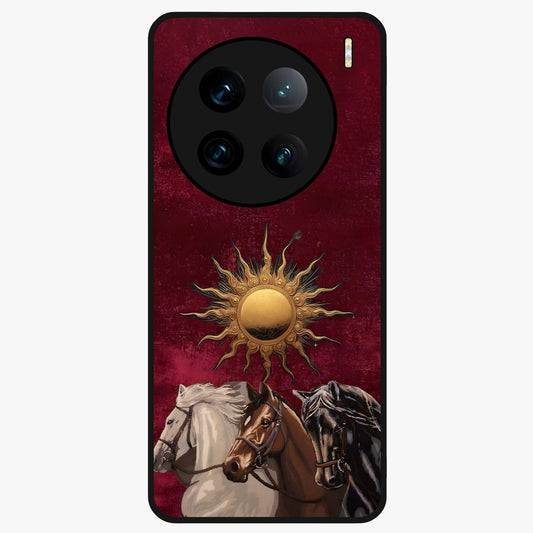 Solar Riders Glass Case showing flat back view with dynamic rider themed artwork and glossy glass finish.