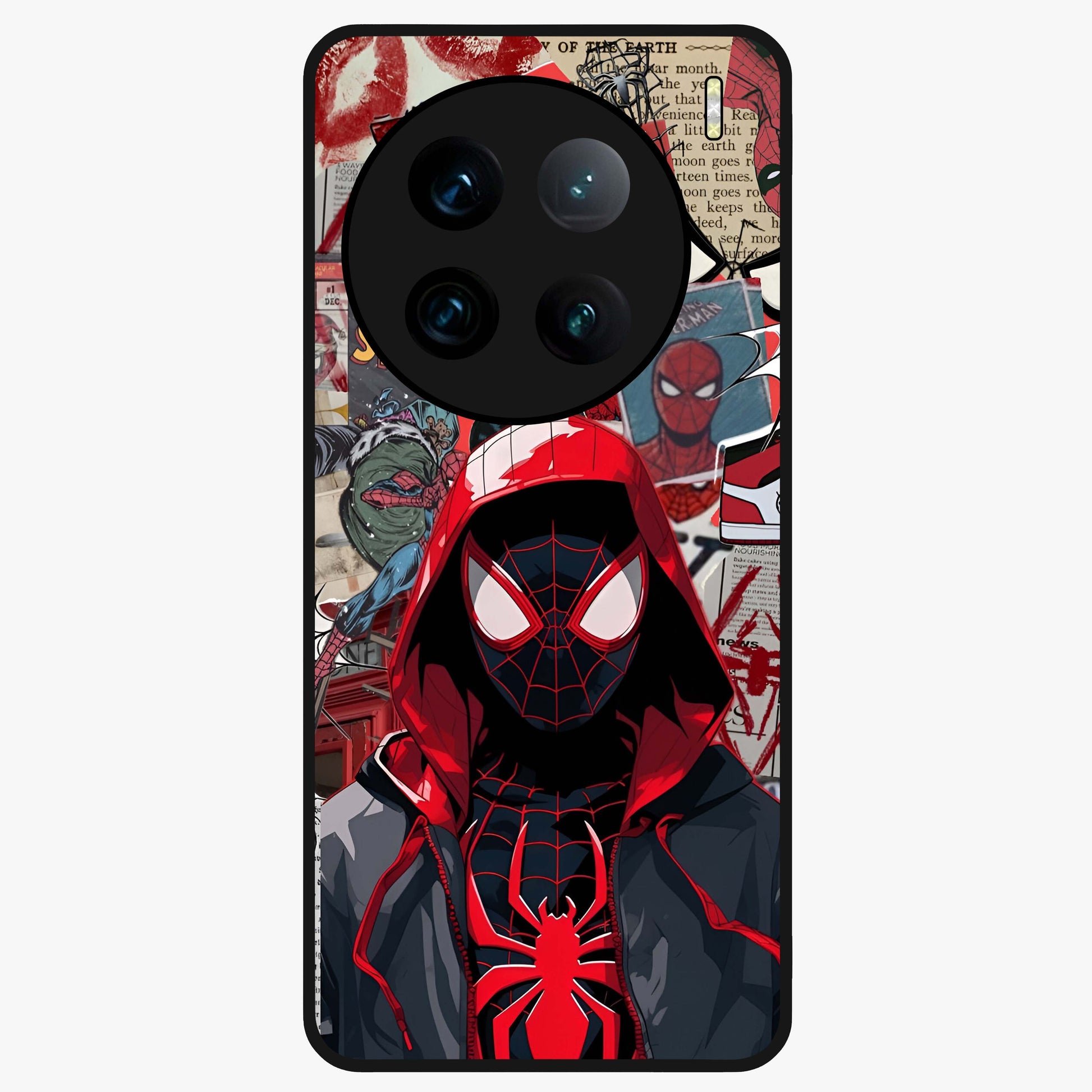 Spider Collage Street Glass Case showing flat back view with vibrant superhero collage artwork and glossy glass finish.