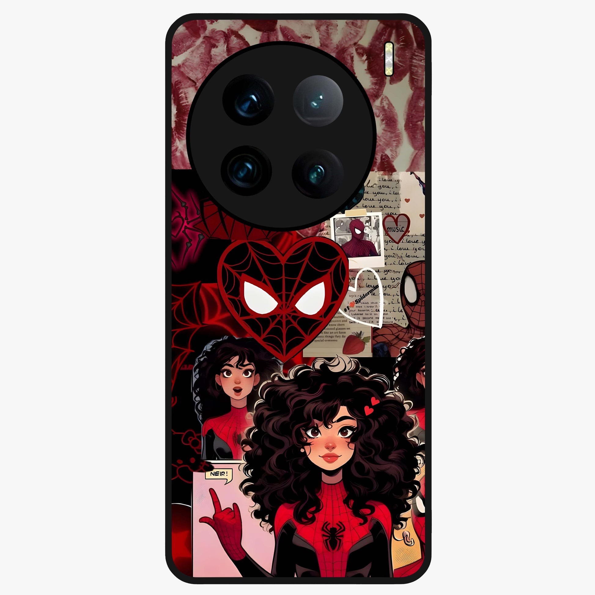 Spider Love Story Glass Case showing flat back view with romantic superhero themed artwork and glossy glass finish.