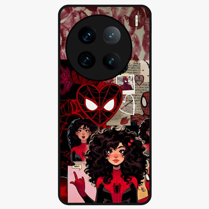 Spider Love Story Glass Case showing flat back view with romantic superhero themed artwork and glossy glass finish.
