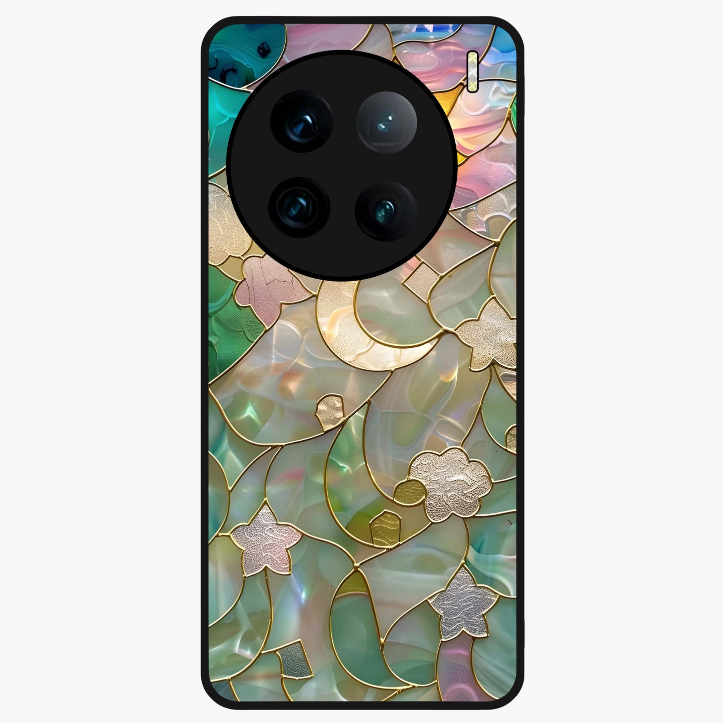 Stained Sunrise Glow Glass Case showing flat back view with glowing sunrise stained pattern artwork and glossy glass finish.
