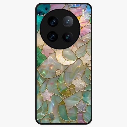Stained Sunrise Glow Glass Case showing flat back view with glowing sunrise stained pattern artwork and glossy glass finish.