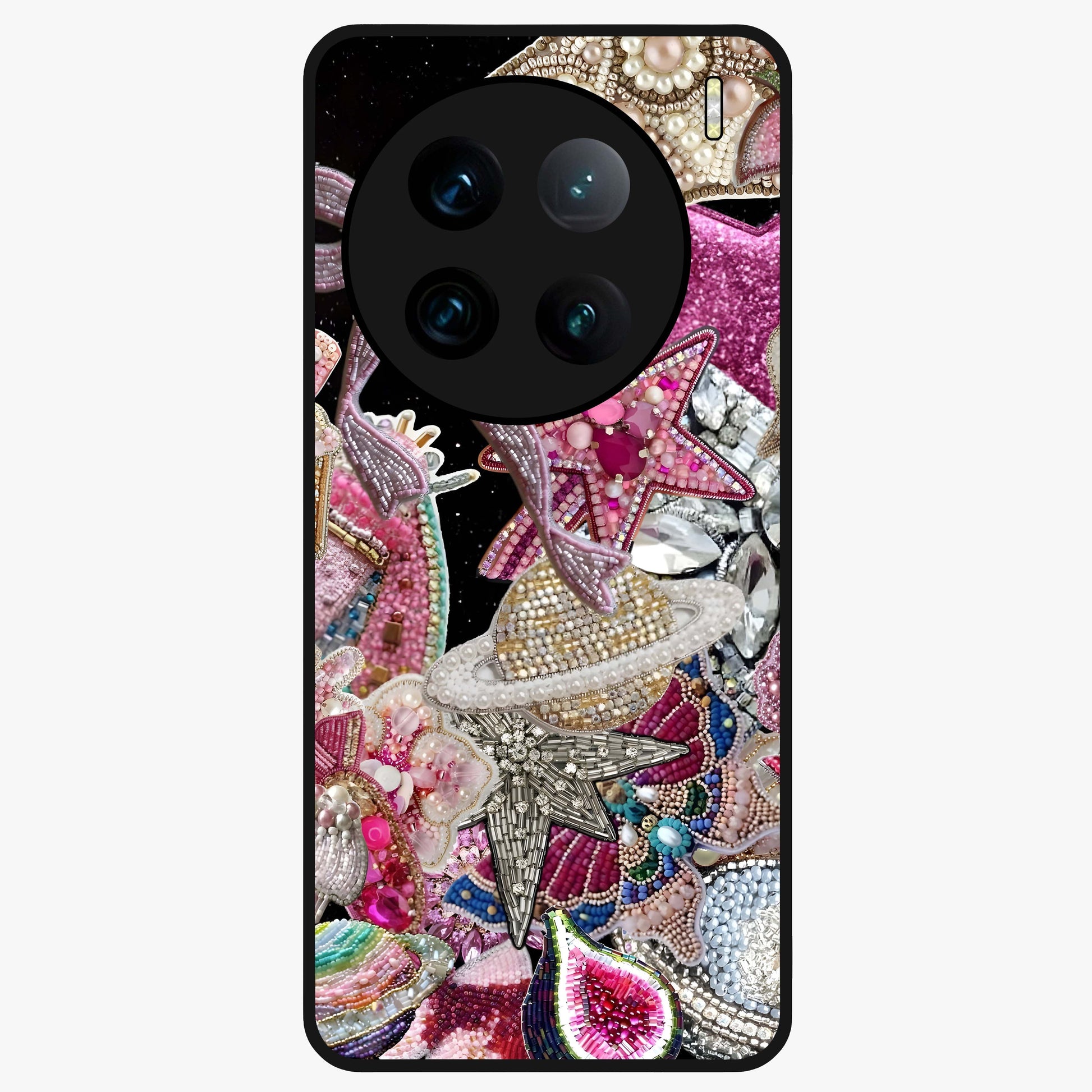 Starlit Jewel Dream Glass Case showing flat back view with sparkling jewel and star themed artwork and glossy glass finish.