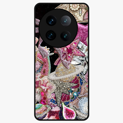 Starlit Jewel Dream Glass Case showing flat back view with sparkling jewel and star themed artwork and glossy glass finish.