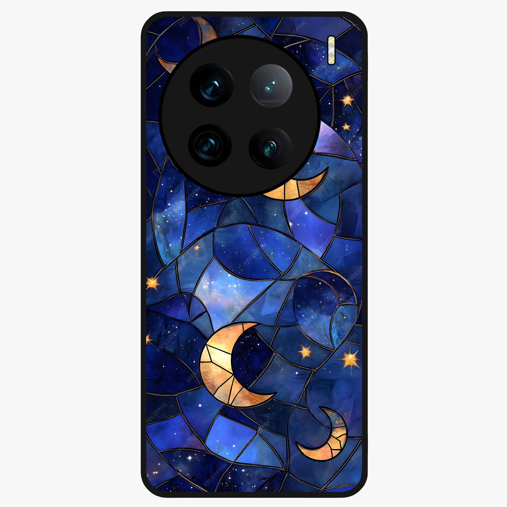 Starlit Sky Tapestry Glass Case showing flat back view with decorative starry sky tapestry artwork and glossy glass finish.