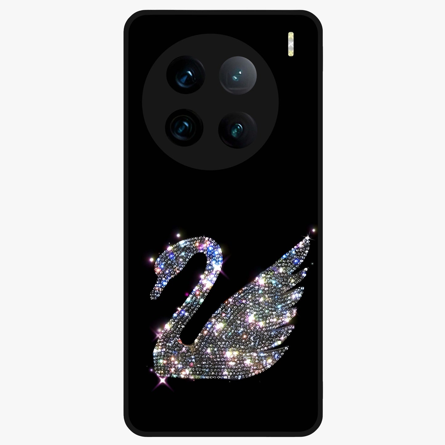 Starlit Swan Grace Glass Case showing flat back view with graceful swan artwork under starry sky and glossy glass finish.