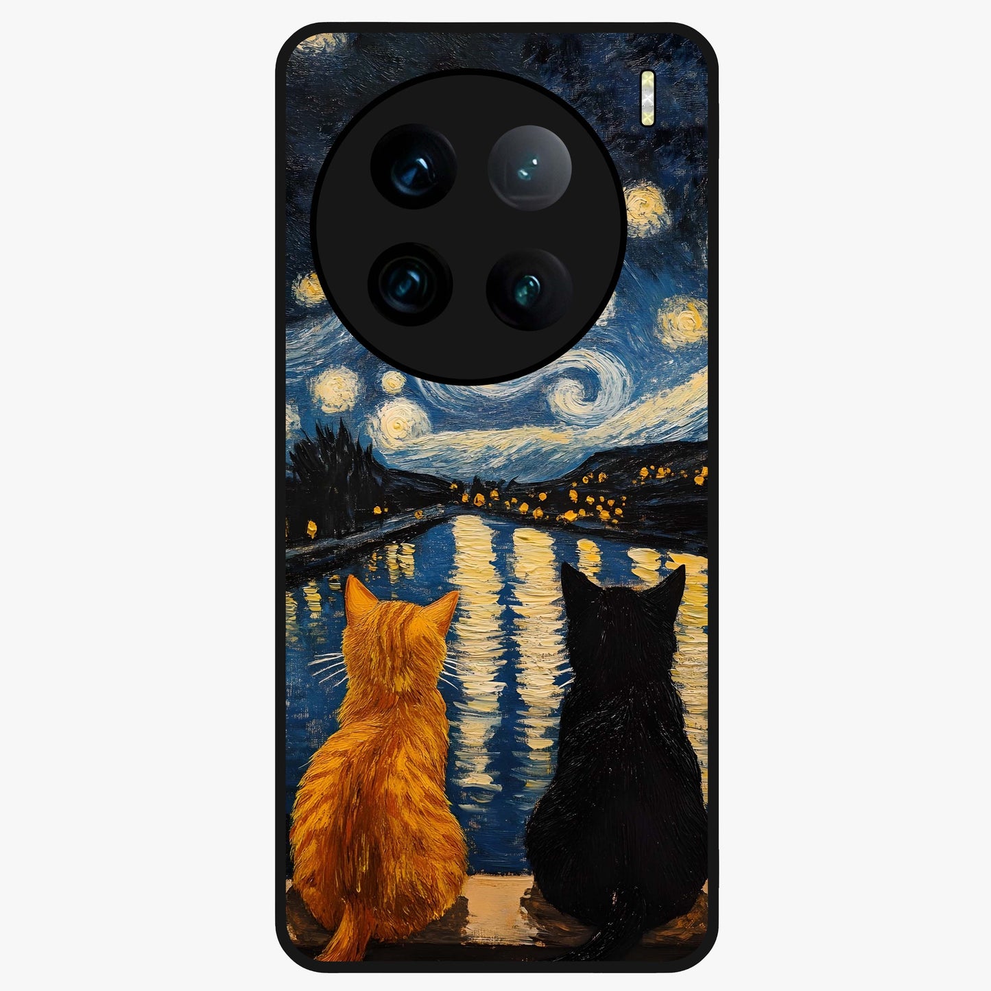 Starry River Cats Glass Case showing flat back view with cats by a starry river artwork and glossy glass finish.