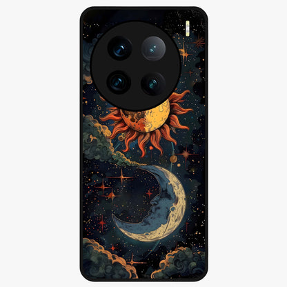 Sun And Moon Magic Design Glass Case showing flat back view with mystical sun and moon artwork and glossy glass finish.
