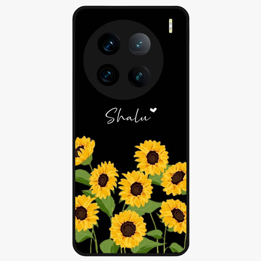 Sunflower Chic Mood Custom Name Glass Case showing flat back view with stylish sunflower artwork and personalized name design.