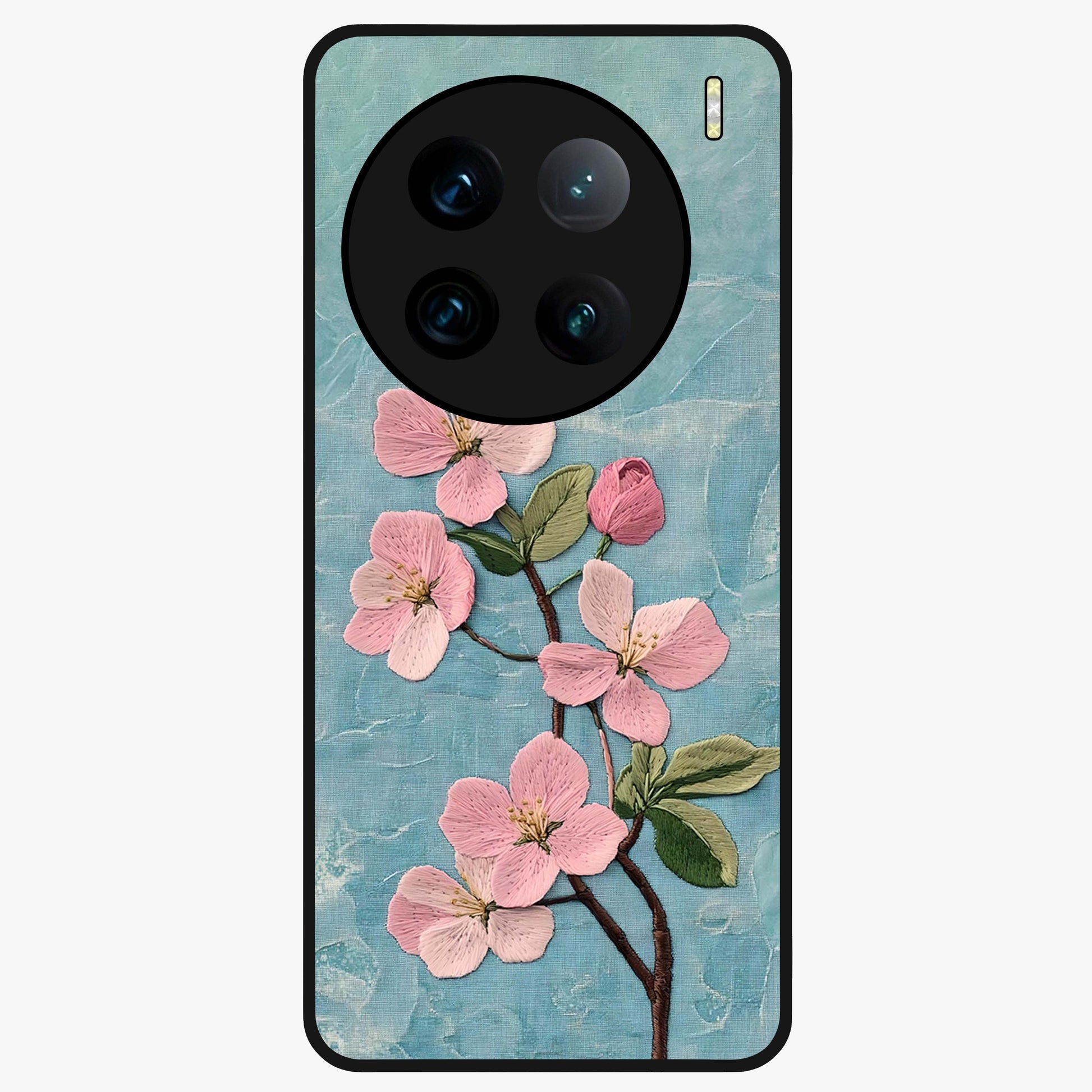 Threaded Blossom Breeze Glass Case showing flat back view with delicate blossom artwork and glossy glass finish.