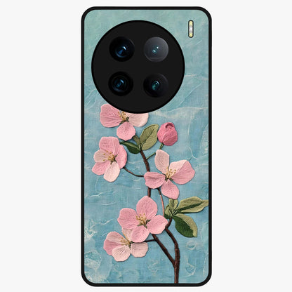 Threaded Blossom Breeze Glass Case showing flat back view with delicate blossom artwork and glossy glass finish.
