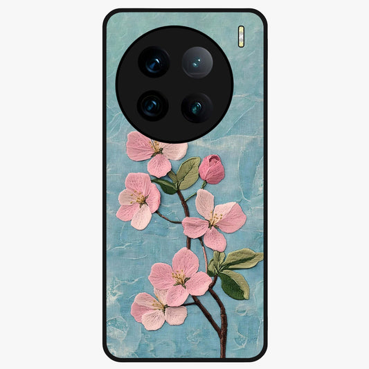 Threaded Blossom Breeze Glass Case showing flat back view with delicate blossom artwork and glossy glass finish.