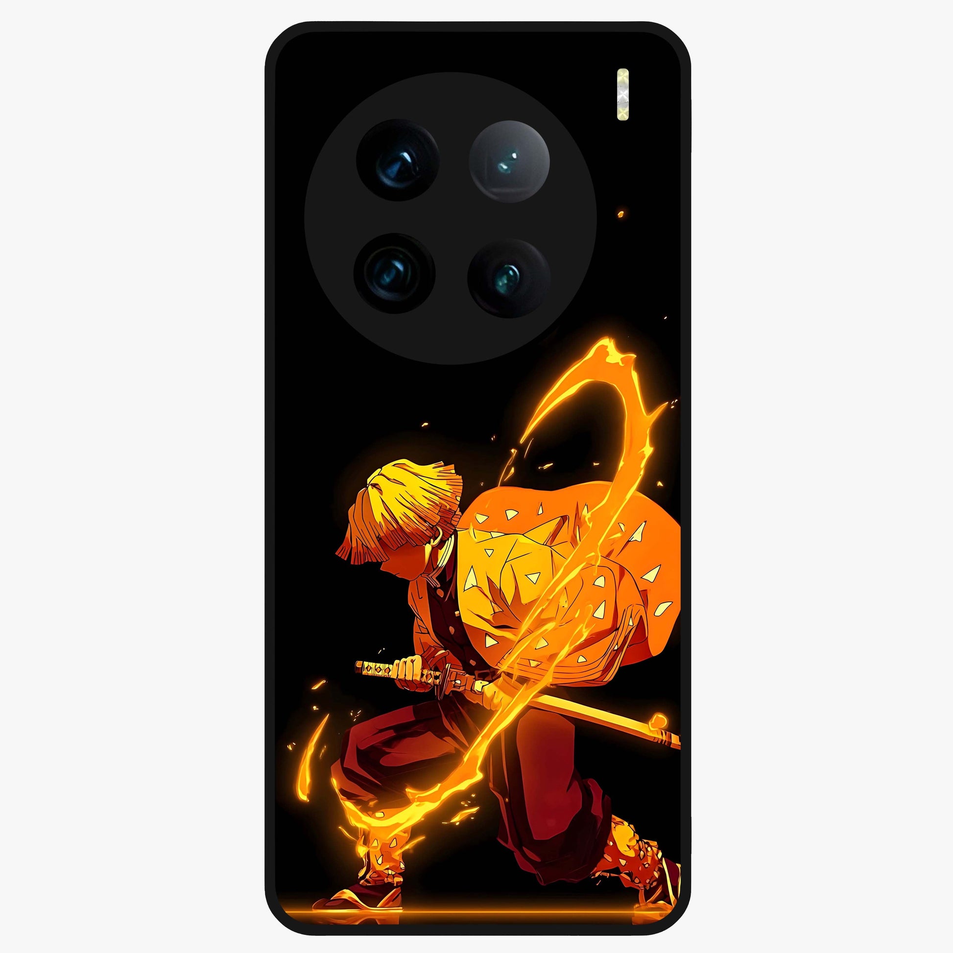 Thunder Flame Execution Glass Case showing flat back view with powerful flame and lightning artwork and glossy glass finish.