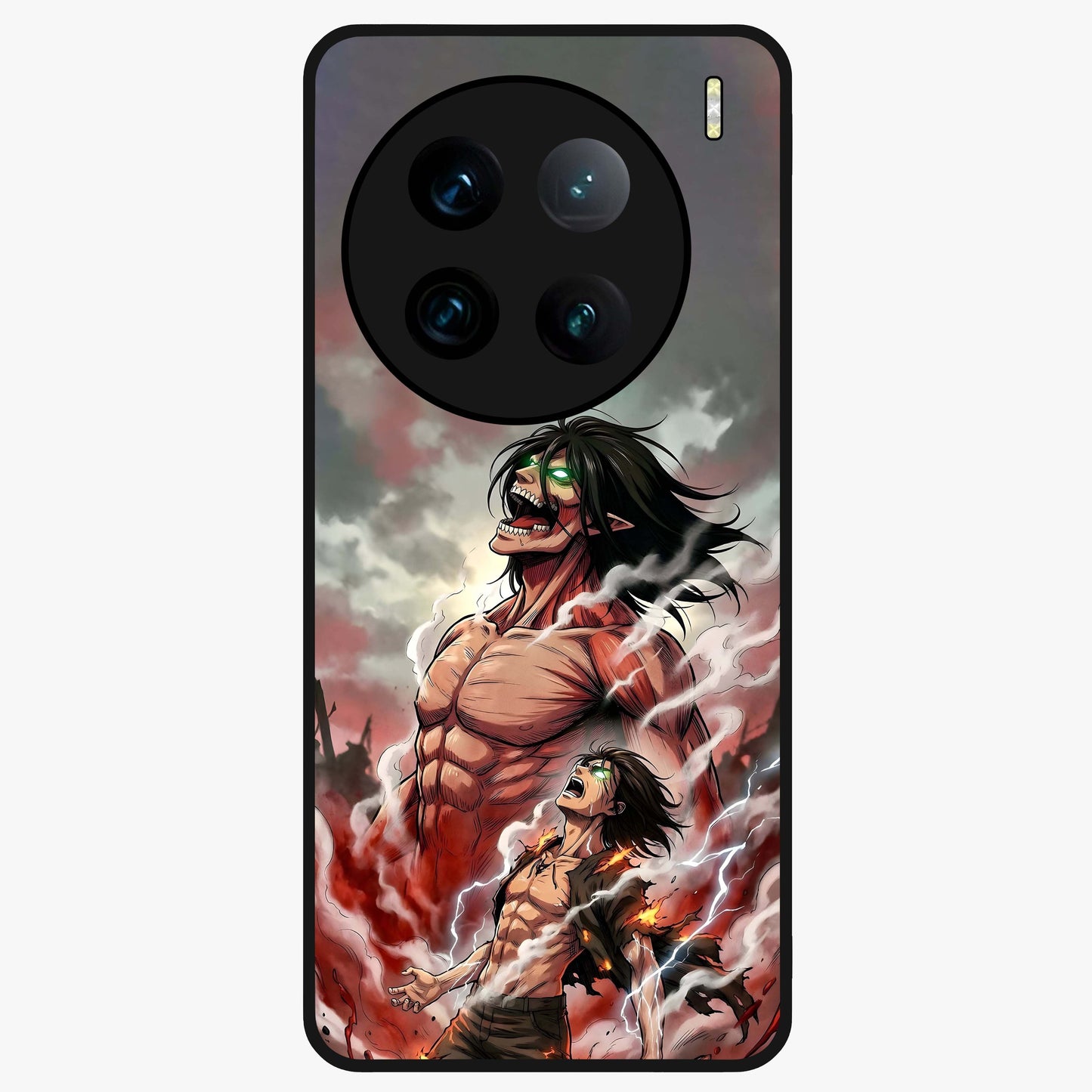 Titan Awakening Fury Glass Case showing flat back view with powerful titan inspired artwork and glossy glass finish.