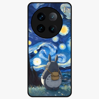 Totoro In Van Gogh Art Glass Case showing flat back view with whimsical character artwork inspired by Van Gogh style and glossy glass finish.