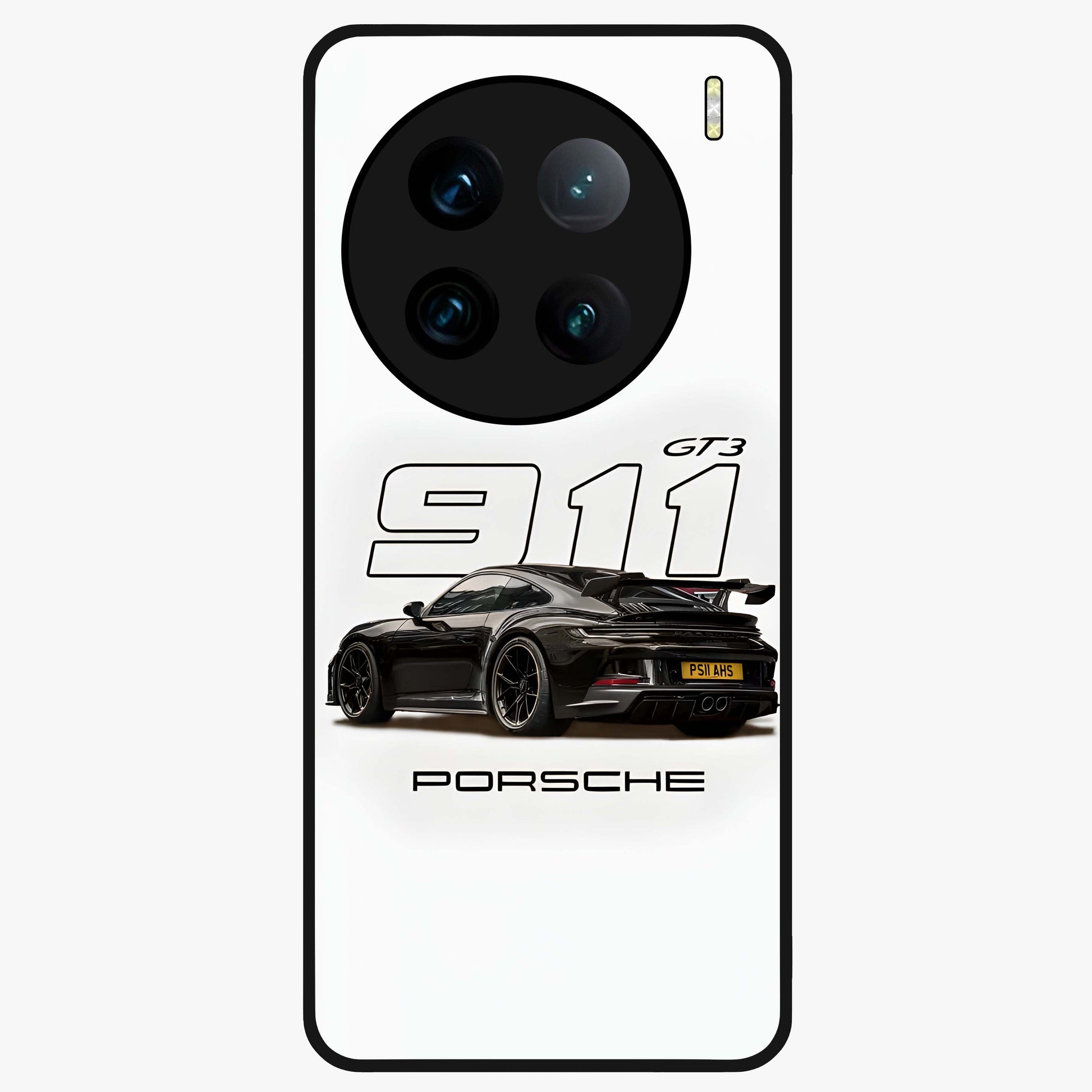 Turbo Legacy Icon Glass Case showing flat back view with iconic sports car inspired artwork and glossy glass finish.