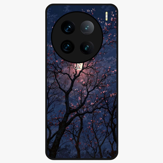 Twilight Sakura Serenade Glass Case showing flat back view with cherry blossom artwork at twilight and glossy glass finish.
