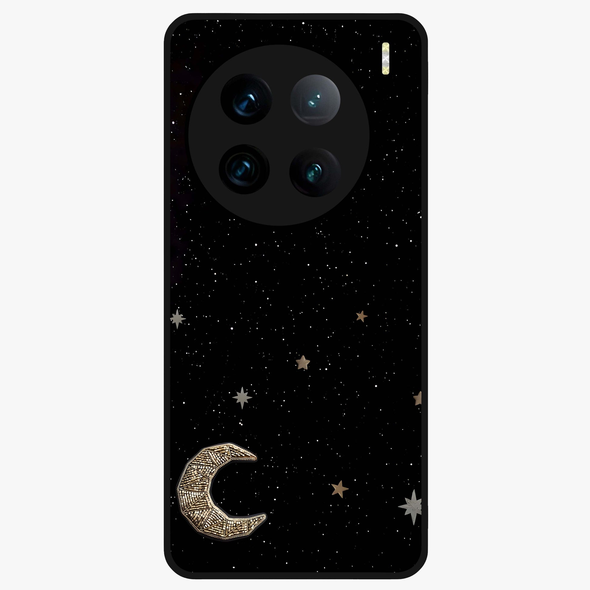 Twinkle Star With Half Moon Glass Case showing flat back view with star and half moon artwork and glossy glass finish.