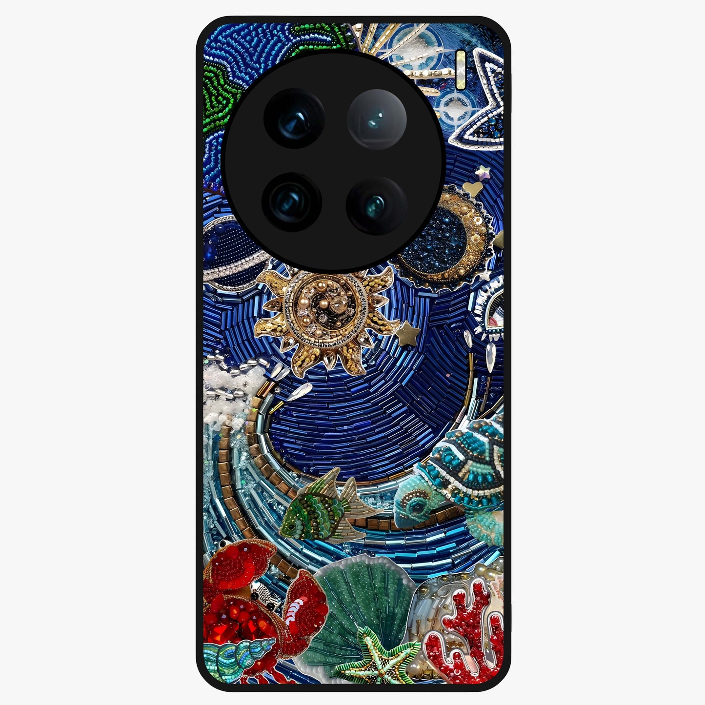Universe Underwater Spark Glass Case showing flat back view with cosmic underwater themed artwork and glossy glass finish.
