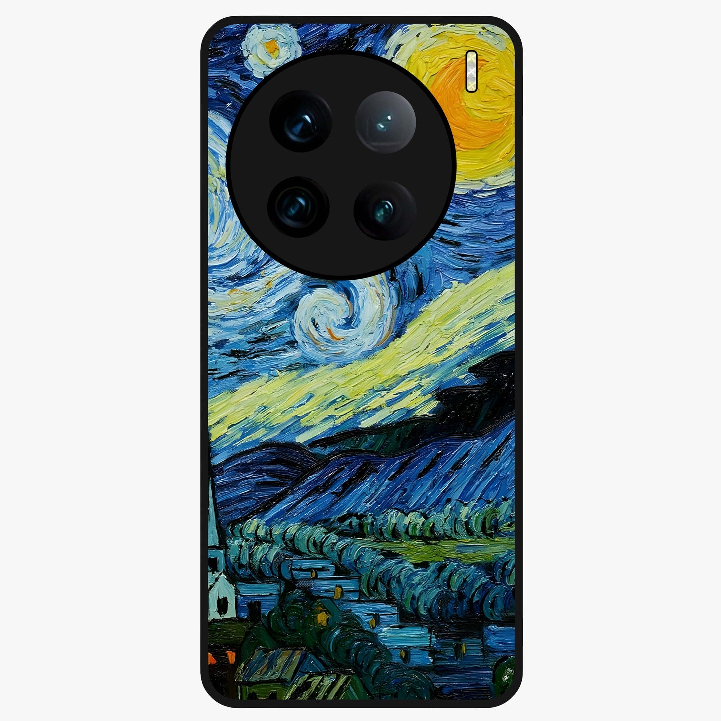 Van Gogh Art Glass Case showing flat back view with classic painterly artwork inspired by Van Gogh style and glossy glass finish.
