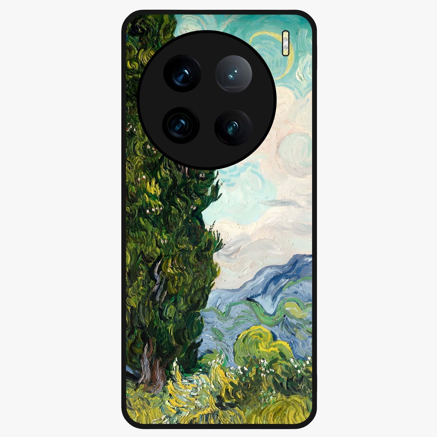 Van Gogh Vintage Art Glass Case showing flat back view with vintage painterly artwork inspired by Van Gogh style and glossy glass finish.