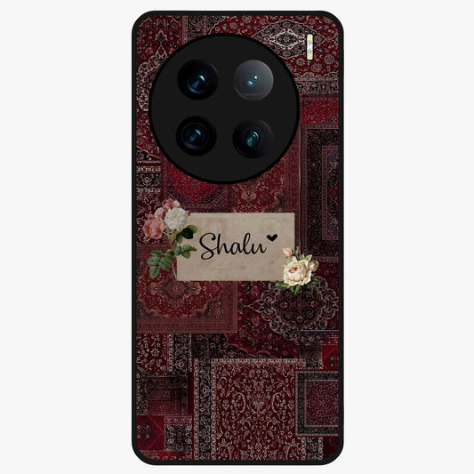 Velvet Wine Pattern Custom Name Glass Case showing flat back view with elegant wine colored pattern artwork and personalized name design.