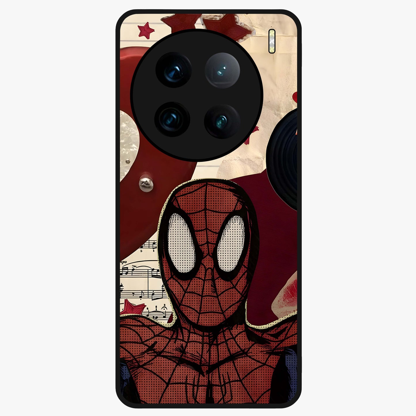 Web Warrior Vibes Glass Case showing flat back view with superhero inspired web themed artwork and glossy glass finish.
