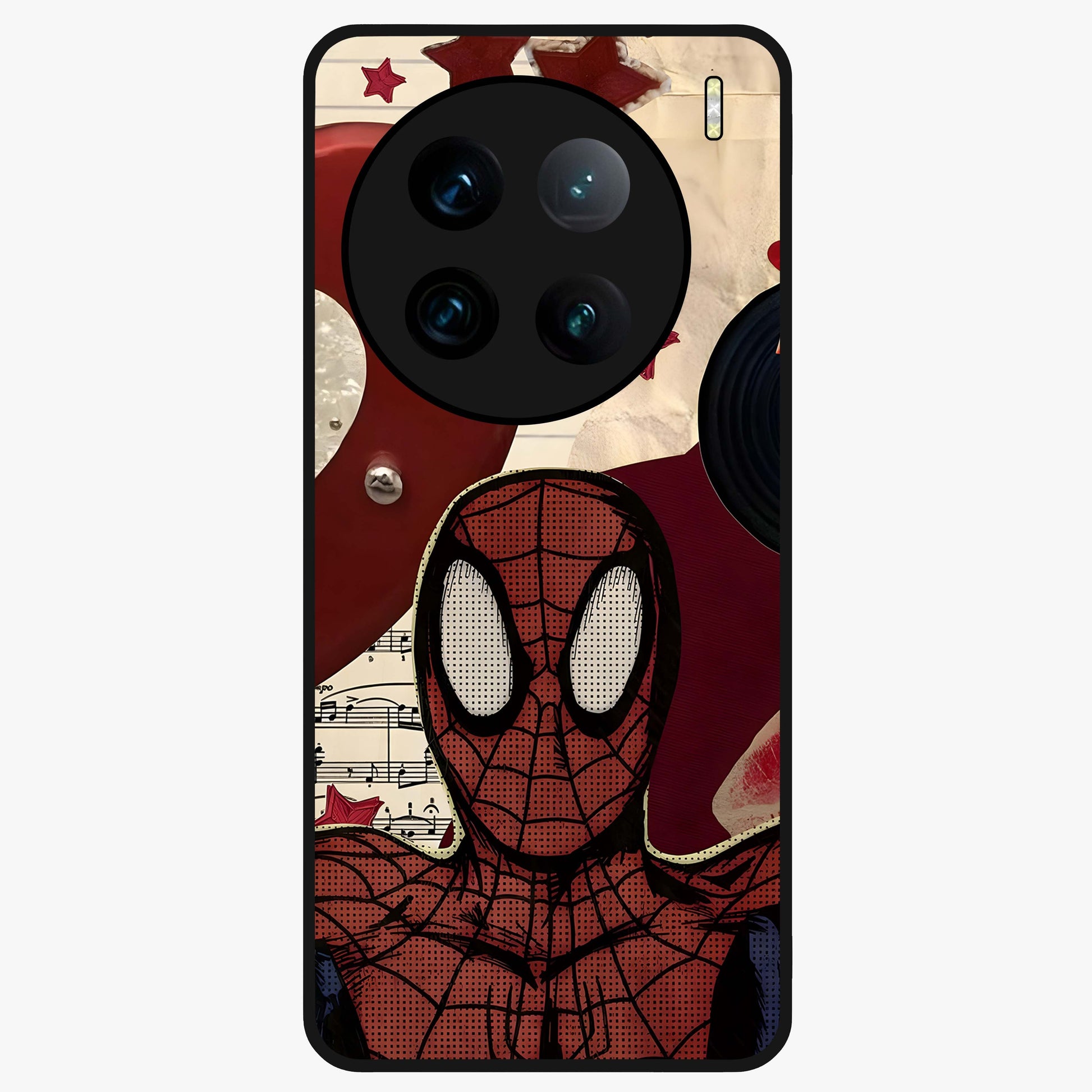 Web Warrior Vibes Glass Case showing flat back view with superhero inspired web themed artwork and glossy glass finish.
